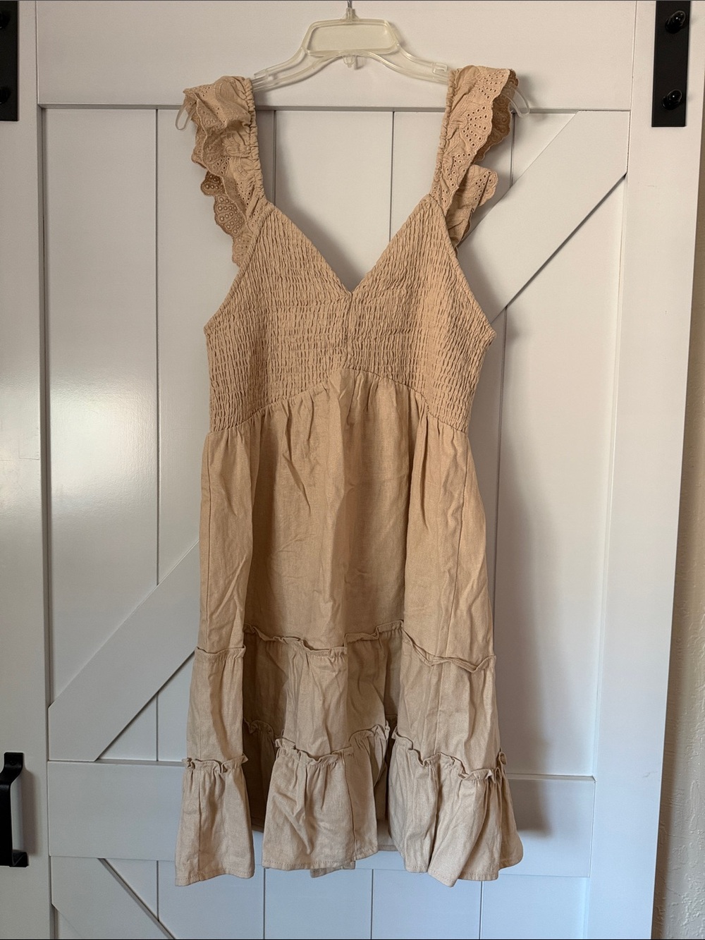 Love Tree Beige Smocked Ruffle Strap Midi Dress